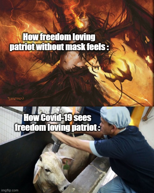 Freedom loving patriot | How freedom loving patriot without mask feels :; How Covid-19 sees freedom loving patriot : | image tagged in freedom,patriots,covid-19 | made w/ Imgflip meme maker
