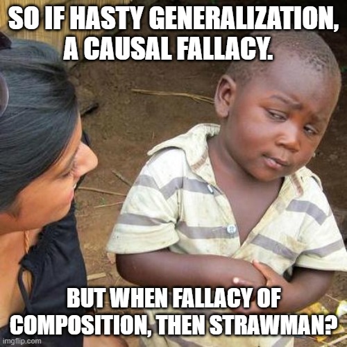 Skeptical of logical fallacies | SO IF HASTY GENERALIZATION, A CAUSAL FALLACY. BUT WHEN FALLACY OF COMPOSITION, THEN STRAWMAN? | image tagged in memes,third world skeptical kid,logical fallacy referee | made w/ Imgflip meme maker