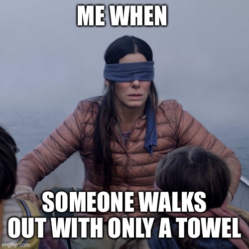 Bird Box | ME WHEN; SOMEONE WALKS OUT WITH ONLY A TOWEL | image tagged in memes,bird box | made w/ Imgflip meme maker