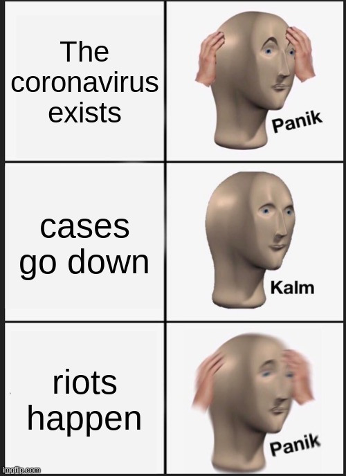 p a n i k | The coronavirus exists; cases go down; riots happen | image tagged in memes,panik kalm panik | made w/ Imgflip meme maker