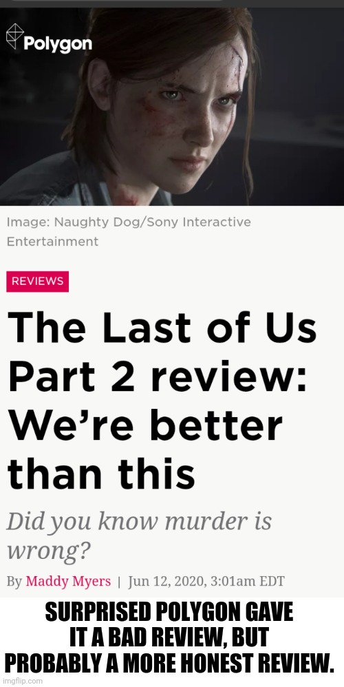 Last of us 2 reviews | SURPRISED POLYGON GAVE IT A BAD REVIEW, BUT PROBABLY A MORE HONEST REVIEW. | image tagged in review | made w/ Imgflip meme maker
