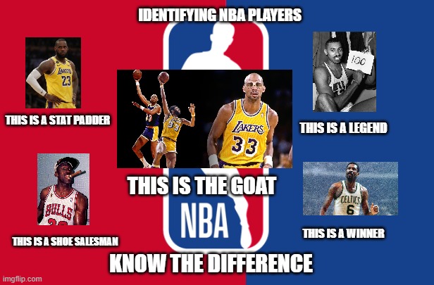 NBA Player Guide | IDENTIFYING NBA PLAYERS; THIS IS A STAT PADDER; THIS IS A LEGEND; THIS IS THE GOAT; THIS IS A WINNER; THIS IS A SHOE SALESMAN; KNOW THE DIFFERENCE | image tagged in nba memes | made w/ Imgflip meme maker