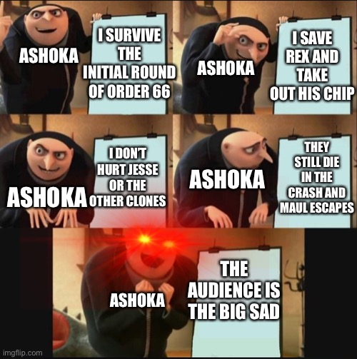 The finale plan |  I SURVIVE THE INITIAL ROUND OF ORDER 66; I SAVE REX AND TAKE OUT HIS CHIP; ASHOKA; ASHOKA; THEY STILL DIE IN THE CRASH AND MAUL ESCAPES; I DON’T HURT JESSE OR THE OTHER CLONES; ASHOKA; ASHOKA; THE AUDIENCE IS THE BIG SAD; ASHOKA | image tagged in gru's plan 5 panel editon,clone wars | made w/ Imgflip meme maker