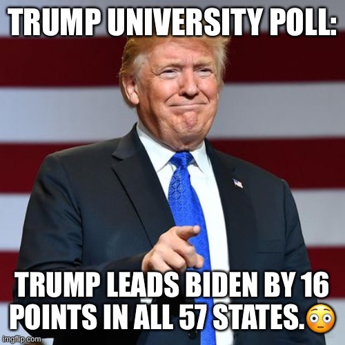 Trump Leads In 57 States Poll! | TRUMP UNIVERSITY POLL:; TRUMP LEADS BIDEN BY 16 POINTS IN ALL 57 STATES.😳 | image tagged in donald trump,joe biden,polls,trump university,sarcasm,politics lol | made w/ Imgflip meme maker