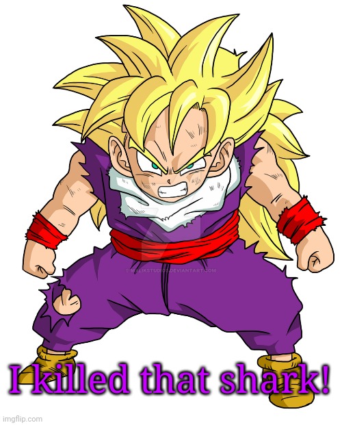 SSJ Kid Gohan | I killed that shark! | image tagged in ssj kid gohan | made w/ Imgflip meme maker