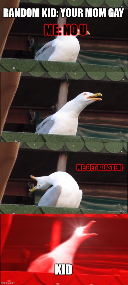 Inhaling Seagull | RANDOM KID: YOUR MOM GAY; ME: NO U; ME: GET ROASTED! KID | image tagged in memes,inhaling seagull | made w/ Imgflip meme maker