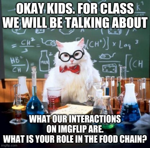 class! | OKAY KIDS. FOR CLASS WE WILL BE TALKING ABOUT; WHAT OUR INTERACTIONS ON IMGFLIP ARE.
WHAT IS YOUR ROLE IN THE FOOD CHAIN? | image tagged in memes,chemistry cat | made w/ Imgflip meme maker