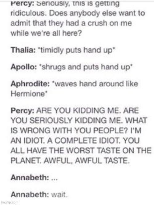 This is a funny one... | image tagged in pinterest,percy jackson,thalia grace,annabeth chase,apollo,aphrodite | made w/ Imgflip meme maker