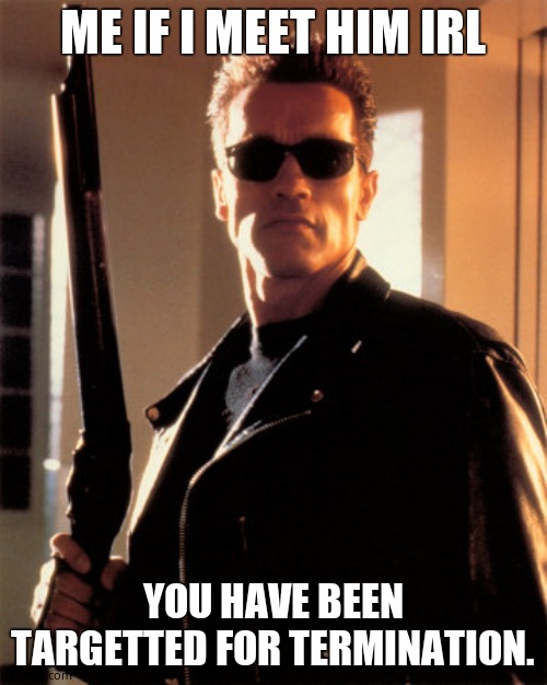 TerminatorGod | ME IF I MEET HIM IRL YOU HAVE BEEN TARGETTED FOR TERMINATION. | image tagged in terminatorgod | made w/ Imgflip meme maker