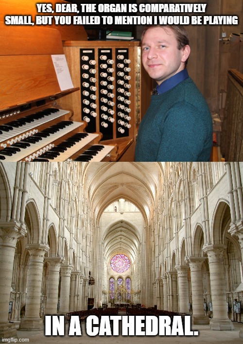 lolZ | YES, DEAR, THE ORGAN IS COMPARATIVELY SMALL, BUT YOU FAILED TO MENTION I WOULD BE PLAYING; IN A CATHEDRAL. | image tagged in funny,funny memes | made w/ Imgflip meme maker