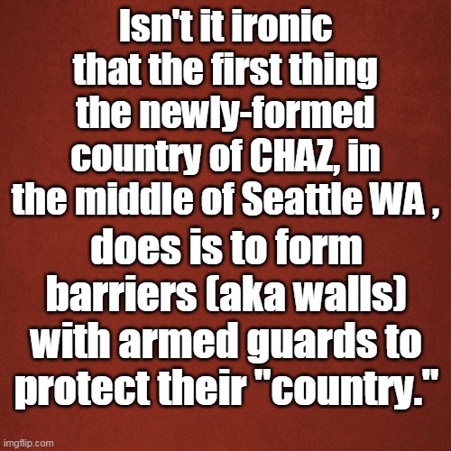 CHAZ | Isn't it ironic that the first thing the newly-formed country of CHAZ, in the middle of Seattle WA , does is to form barriers (aka walls) with armed guards to protect their "country." | image tagged in blank red background | made w/ Imgflip meme maker