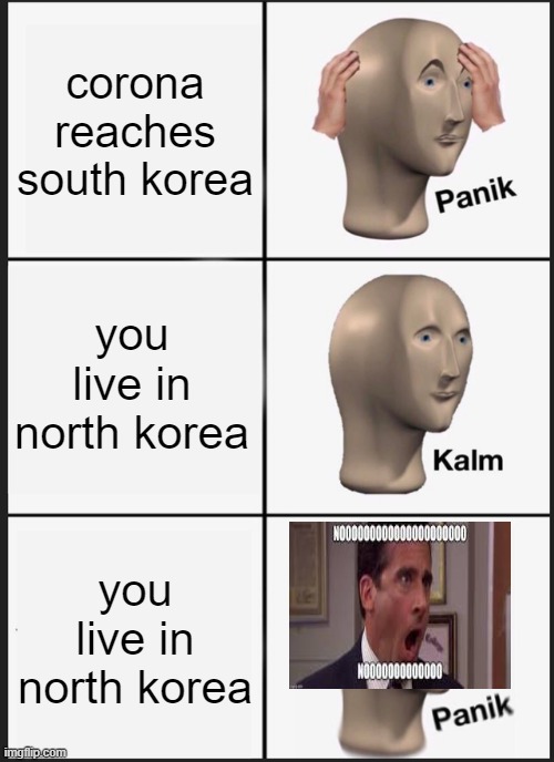 noooo | corona reaches south korea; you live in north korea; you live in north korea | image tagged in memes,panik kalm panik | made w/ Imgflip meme maker