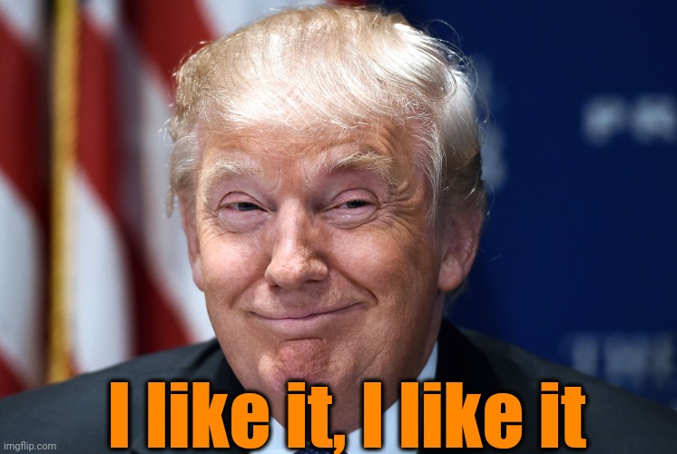 Trump smiles | I like it, I like it | image tagged in trump smiles | made w/ Imgflip meme maker