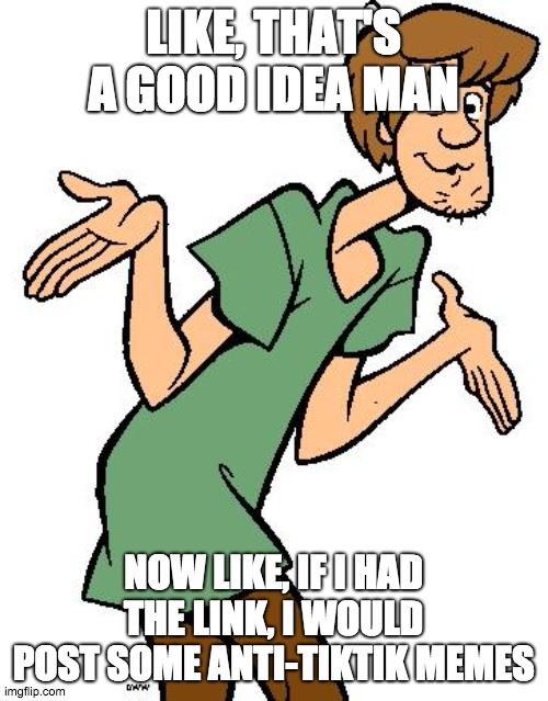 Shaggy from Scooby Doo | LIKE, THAT'S A GOOD IDEA MAN NOW LIKE, IF I HAD THE LINK, I WOULD POST SOME ANTI-TIKTIK MEMES | image tagged in shaggy from scooby doo | made w/ Imgflip meme maker