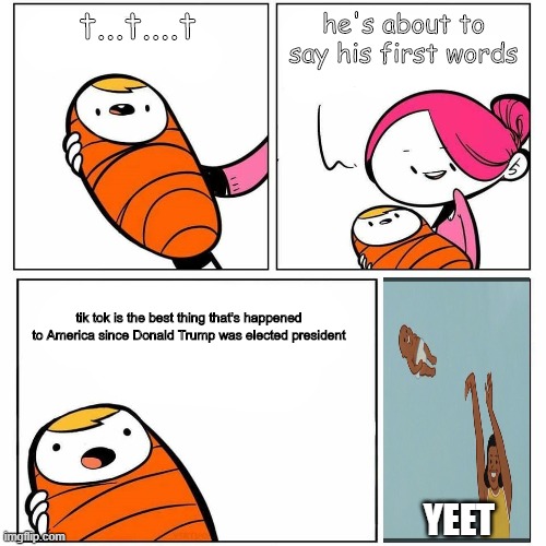 kill tik tok | he's about to say his first words; t...t....t; tik tok is the best thing that's happened to America since Donald Trump was elected president; YEET | image tagged in baby's first word | made w/ Imgflip meme maker