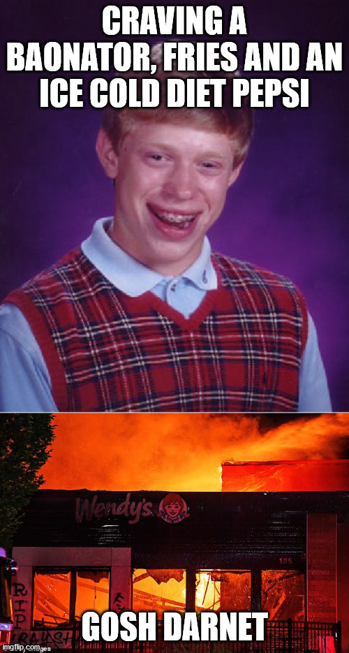 hungry brian | CRAVING A BAONATOR, FRIES AND AN ICE COLD DIET PEPSI; GOSH DARNET | image tagged in memes,bad luck brian,protests,wendy's | made w/ Imgflip meme maker
