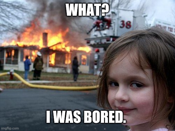 Disaster Girl | WHAT? I WAS BORED. | image tagged in memes,disaster girl | made w/ Imgflip meme maker