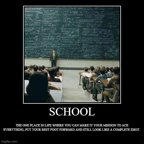 School | SCHOOL | THE ONE PLACE IN LIFE WHERE YOU CAN MAKE IT YOUR MISSION TO ACE EVERYTHING, PUT YOUR BEST FOOT FORWARD AND STILL LOOK LIKE A COMPLE | image tagged in funny,demotivationals,school,embarrassment,memes,stupid people | made w/ Imgflip demotivational maker