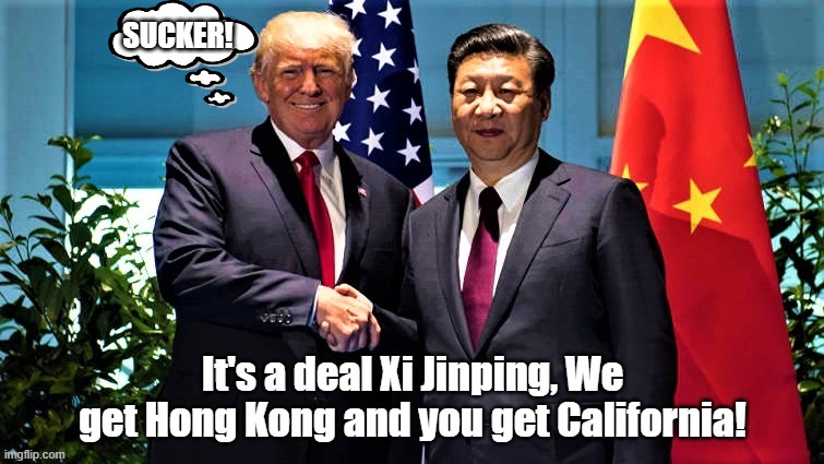 Trade Deal | SUCKER! | image tagged in trump,california,xi jinping,hong kong | made w/ Imgflip meme maker
