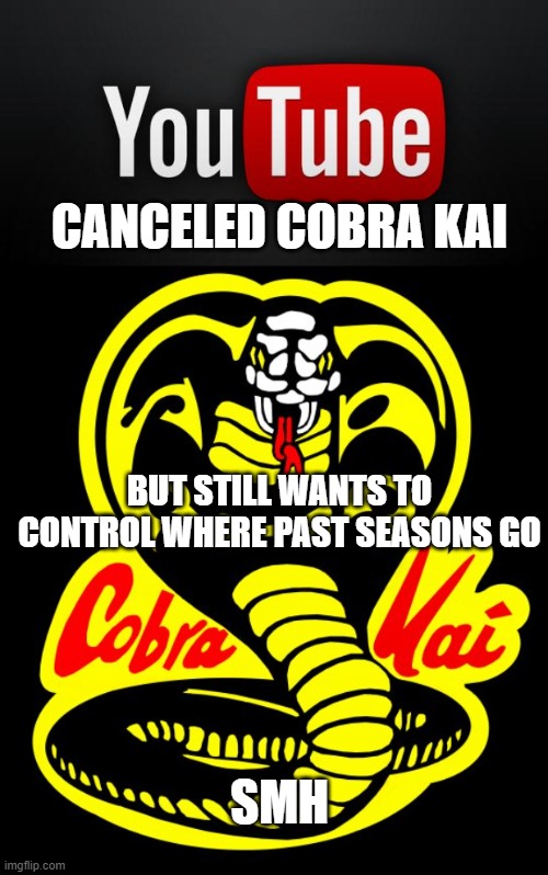 YouTube Cobra Kai SMH | CANCELED COBRA KAI; BUT STILL WANTS TO CONTROL WHERE PAST SEASONS GO; SMH | image tagged in youtube | made w/ Imgflip meme maker