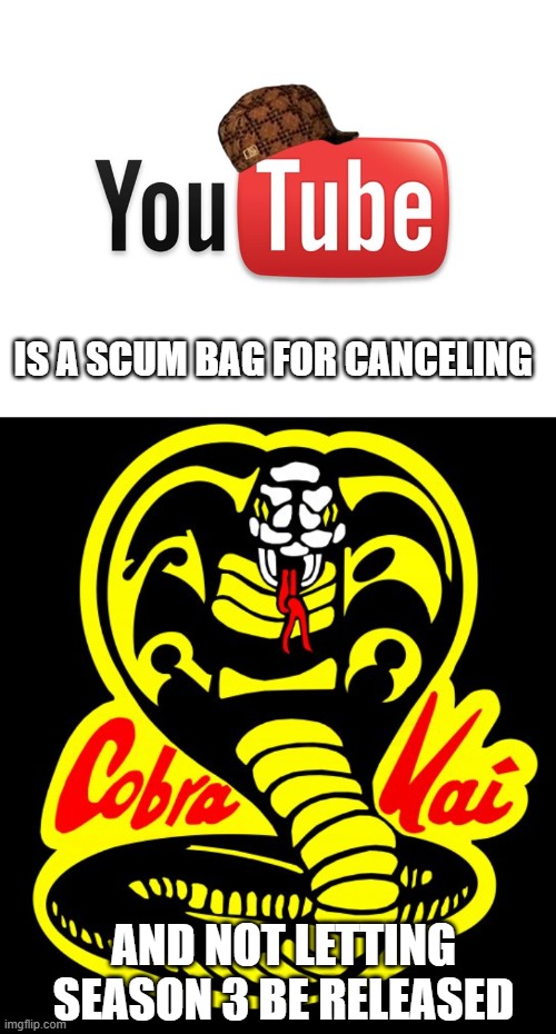Scumbag YouTube |  IS A SCUM BAG FOR CANCELING; AND NOT LETTING SEASON 3 BE RELEASED | image tagged in scumbag youtube | made w/ Imgflip meme maker