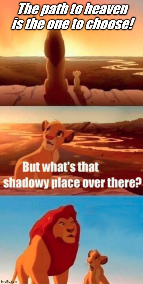 Simba Shadowy Place Meme | The path to heaven is the one to choose! | image tagged in memes,simba shadowy place | made w/ Imgflip meme maker