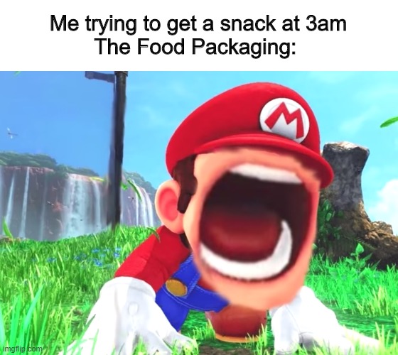 No Title Needex | Me trying to get a snack at 3am
The Food Packaging: | image tagged in memes | made w/ Imgflip meme maker