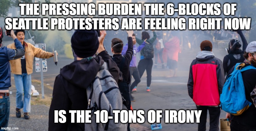 The Seattle Six Block Project | THE PRESSING BURDEN THE 6-BLOCKS OF SEATTLE PROTESTERS ARE FEELING RIGHT NOW; IS THE 10-TONS OF IRONY | image tagged in the seattle six block project | made w/ Imgflip meme maker