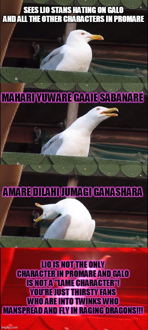 Inhaling Seagull Meme | SEES LIO STANS HATING ON GALO AND ALL THE OTHER CHARACTERS IN PROMARE; MAHARI YUWARE GAAIE SABANARE; AMARE DILAHI JUMAGI GANASHARA; LIO IS NOT THE ONLY CHARACTER IN PROMARE AND GALO IS NOT A "LAME CHARACTER"! YOU'RE JUST THIRSTY FANS WHO ARE INTO TWINKS WHO MANSPREAD AND FLY IN RAGING DRAGONS!!! | image tagged in memes,inhaling seagull | made w/ Imgflip meme maker