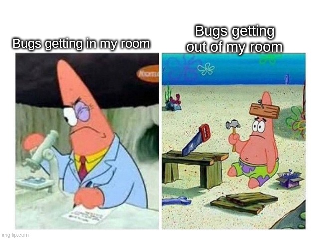Patrick Scientist vs. Nail | Bugs getting out of my room; Bugs getting in my room | image tagged in patrick scientist vs nail | made w/ Imgflip meme maker