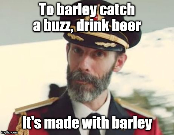 Captain Obvious | To barley catch a buzz, drink beer It's made with barley | image tagged in captain obvious | made w/ Imgflip meme maker