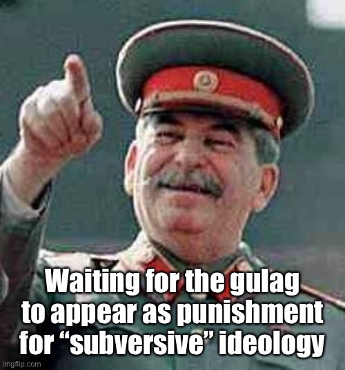 Stalin Gulag | Waiting for the gulag to appear as punishment for “subversive” ideology | image tagged in stalin gulag | made w/ Imgflip meme maker