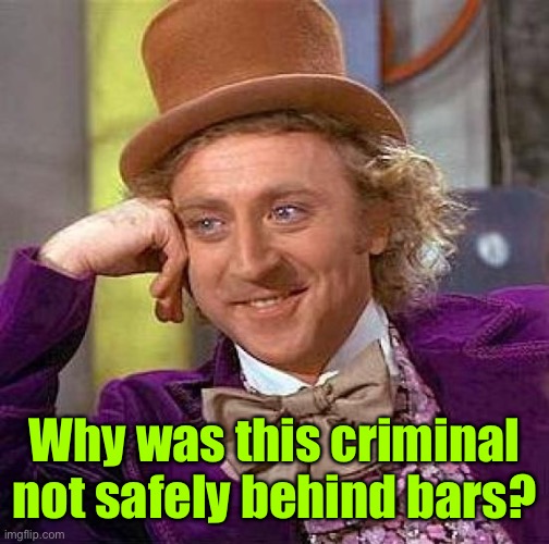Creepy Condescending Wonka Meme | Why was this criminal not safely behind bars? | image tagged in memes,creepy condescending wonka | made w/ Imgflip meme maker