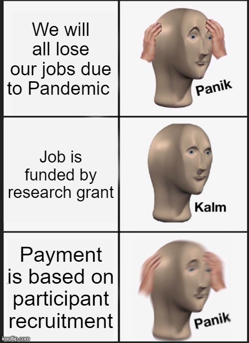 eLoN mUsK wILL sAvE uS | We will all lose our jobs due to Pandemic; Job is funded by research grant; Payment is based on participant recruitment | image tagged in memes,panik kalm panik | made w/ Imgflip meme maker