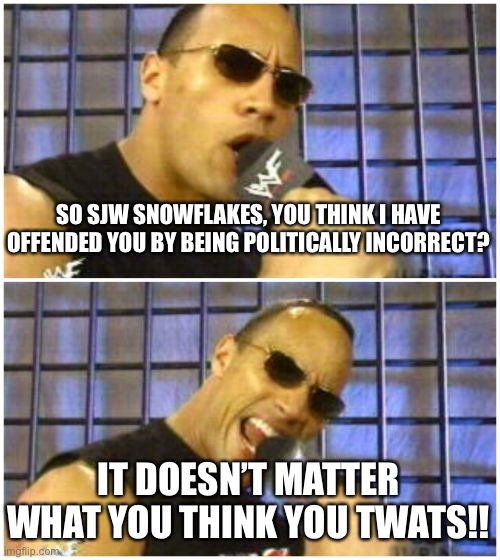 The Rock It Doesn't Matter | SO SJW SNOWFLAKES, YOU THINK I HAVE OFFENDED YOU BY BEING POLITICALLY INCORRECT? IT DOESN’T MATTER WHAT YOU THINK YOU TWATS!! | image tagged in memes,the rock it doesn't matter,sjw triggered,attitude,politics,political correctness | made w/ Imgflip meme maker