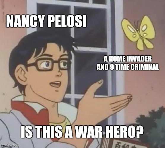 Nancy Pelosi Geoege Floyd | NANCY PELOSI; A HOME INVADER AND 9 TIME CRIMINAL; IS THIS A WAR HERO? | image tagged in memes,is this a pigeon,nancy pelosi | made w/ Imgflip meme maker