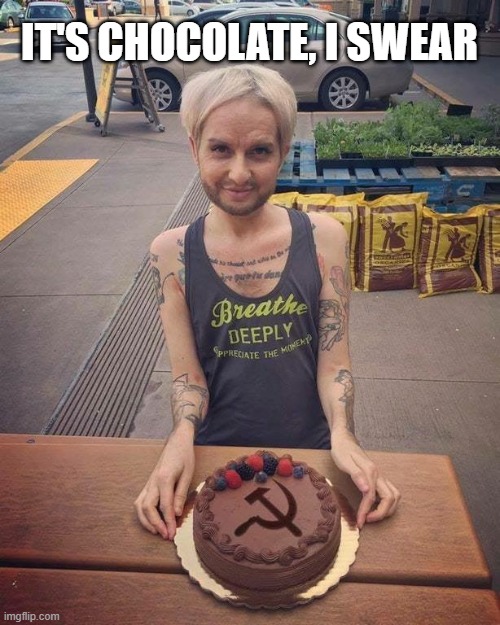 I frosted it myself. | IT'S CHOCOLATE, I SWEAR | image tagged in antifa leader | made w/ Imgflip meme maker