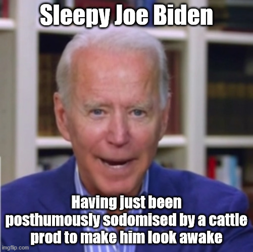 Joe Biden | Sleepy Joe Biden; Having just been posthumously sodomised by a cattle prod to make him look awake | image tagged in sleepy | made w/ Imgflip meme maker