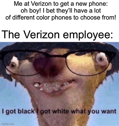 It was almost a year ago when I got to choose from a variety of different phone colors. Black or White? | Me at Verizon to get a new phone: oh boy! I bet they’ll have a lot of different color phones to choose from! The Verizon employee: | image tagged in i got black i got white what ya want | made w/ Imgflip meme maker