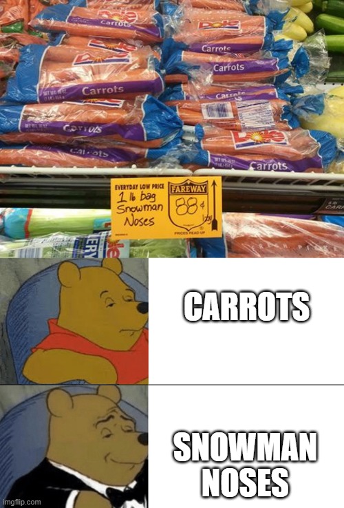 CARROTS; SNOWMAN NOSES | image tagged in memes,tuxedo winnie the pooh | made w/ Imgflip meme maker