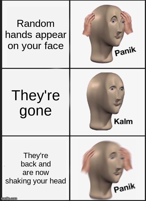 My first meme | Random hands appear on your face; They're gone; They're back and are now shaking your head | image tagged in memes,panik kalm panik | made w/ Imgflip meme maker