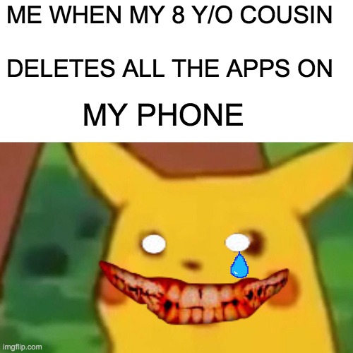 Surprised Pikachu Meme | ME WHEN MY 8 Y/O COUSIN; DELETES ALL THE APPS ON; MY PHONE | image tagged in memes,surprised pikachu | made w/ Imgflip meme maker