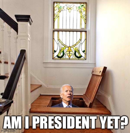 Joe Biden emerges from his basement... | AM I PRESIDENT YET? | image tagged in biden,basement,trap door,Conservative | made w/ Imgflip meme maker