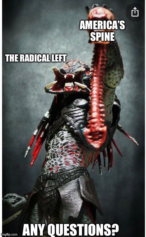 Radical Left Removing America’s Spine | AMERICA’S SPINE; THE RADICAL LEFT; ANY QUESTIONS? | image tagged in radical,left | made w/ Imgflip meme maker