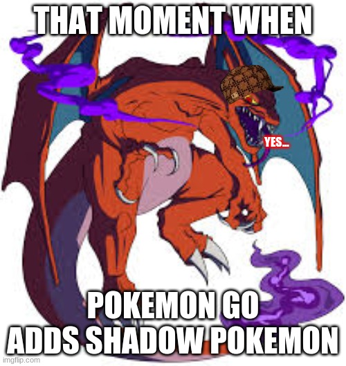 shadow pokes | THAT MOMENT WHEN; YES... POKEMON GO ADDS SHADOW POKEMON | image tagged in charizard,pokemon go,pokemon | made w/ Imgflip meme maker