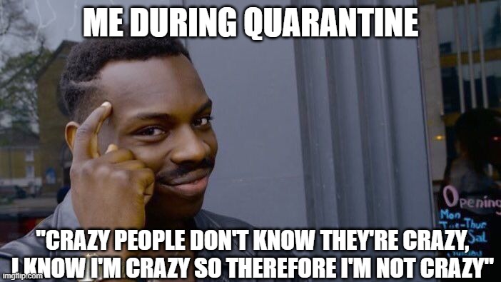 Roll Safe Think About It Meme | ME DURING QUARANTINE; "CRAZY PEOPLE DON'T KNOW THEY'RE CRAZY, I KNOW I'M CRAZY SO THEREFORE I'M NOT CRAZY" | image tagged in memes,roll safe think about it | made w/ Imgflip meme maker
