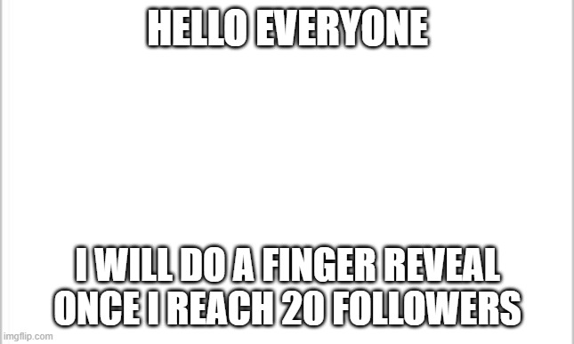 Finger Reveal | HELLO EVERYONE; I WILL DO A FINGER REVEAL ONCE I REACH 20 FOLLOWERS | image tagged in white background,funny,memes,finger,followers | made w/ Imgflip meme maker