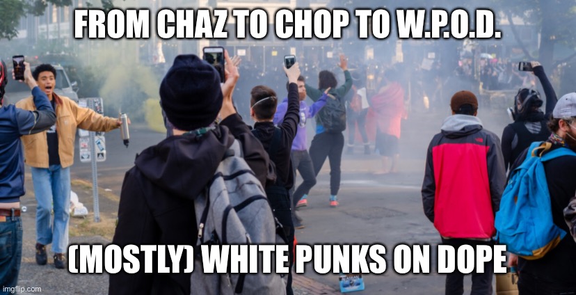 Chaz name change again | FROM CHAZ TO CHOP TO W.P.O.D. (MOSTLY) WHITE PUNKS ON DOPE | image tagged in the seattle six block project | made w/ Imgflip meme maker