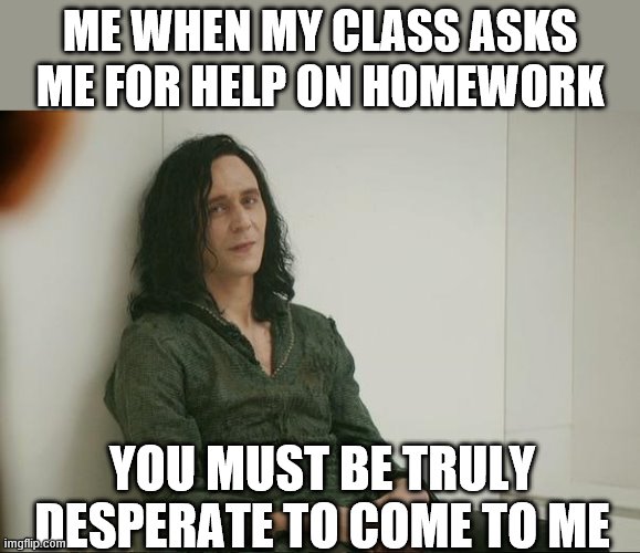 Loki | ME WHEN MY CLASS ASKS ME FOR HELP ON HOMEWORK; YOU MUST BE TRULY DESPERATE TO COME TO ME | image tagged in loki | made w/ Imgflip meme maker