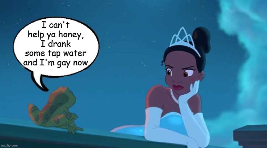 Alex Jones Was Right? | I can't help ya honey, I drank some tap water and I'm gay now | image tagged in princess and frog disney | made w/ Imgflip meme maker